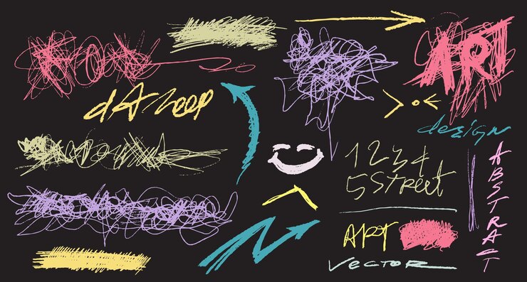 Vettore set di linee a matita e scricchiolati pennello d'arte disegnato a mano a carbone colorato