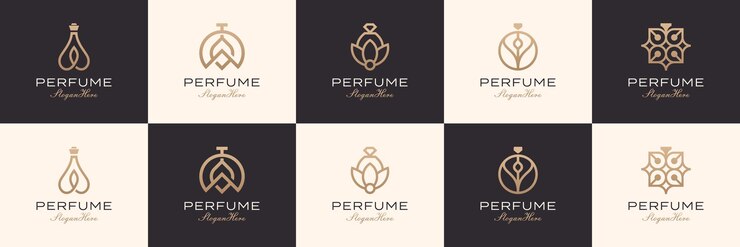 Set di loghi e icone di profumi minimalisti e eleganti Bottiglie di profumi astratti con stile line art