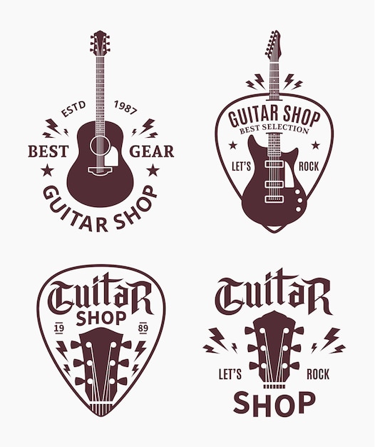 Set di logo del negozio di chitarra. Icone musicali per negozio di audio, marchio, poster o stampa di t-shirt