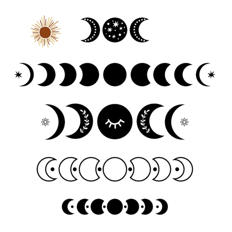 Vettore set di logo della fase lunare nera simbolo della luna boho ciclo lunare nero luna piena mezza luna isolata elemento grafico icona celeste
