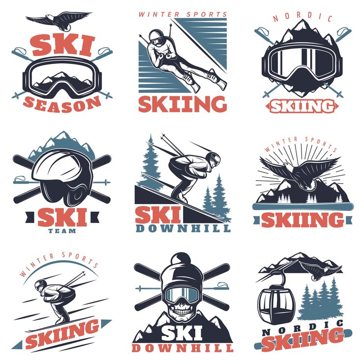 Vettore set di logo della stagione sciistica