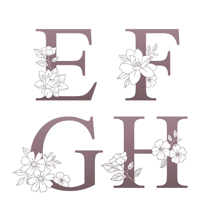Vettore set di logo in alfabeto floreale e f g h con fiori e foglie disegnati a mano per l'invito al matrimonio