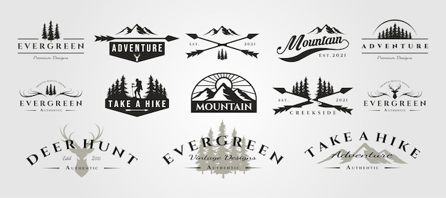 Set di logo vintage all'aperto di montagna avventura