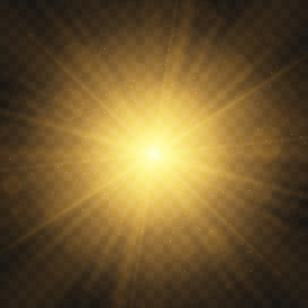 Set di luce incandescente gialla esplode su uno sfondo trasparente Particelle di polvere magica scintillante. La stella è esplosa di scintillii. Stella brillante glitter oro. Sole splendente trasparente, flash luminoso