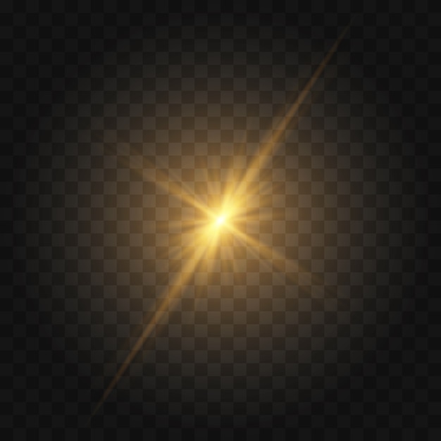 Set di luce incandescente gialla esplode su uno sfondo trasparente Particelle di polvere magica scintillante. La stella è esplosa di scintillii. Stella brillante glitter oro. Sole splendente trasparente, flash luminoso
