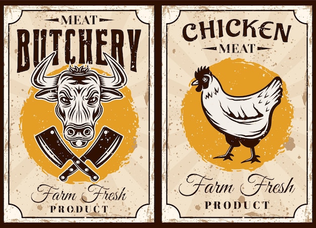 Set di macelleria e macelleria di due poster vettoriali con illustrazione di pollo e toro in stile vintage