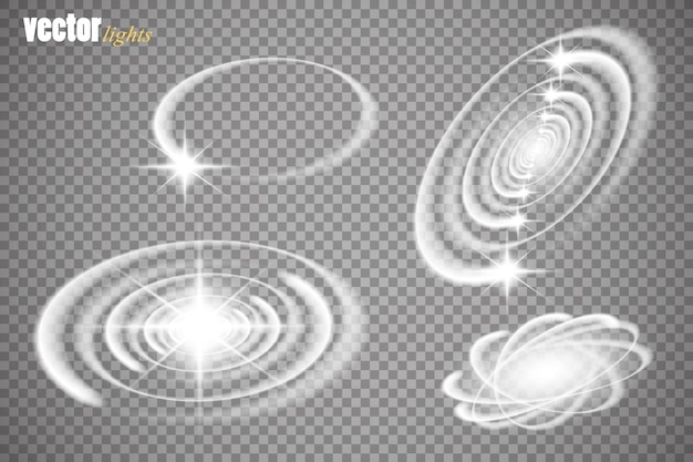 Set di magia incandescente scintilla effetto scia di turbolenza isolato su sfondo trasparente Linea d'onda glitter Bokeh con luci flash scintillanti volanti Illustrazione vettoriale