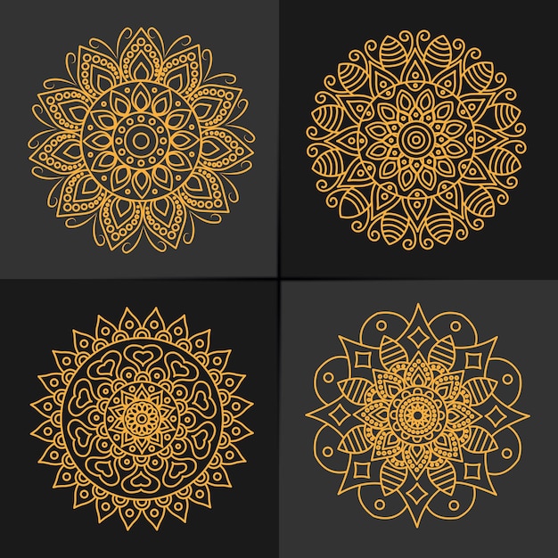 Set di mandala dorata su sfondo nero