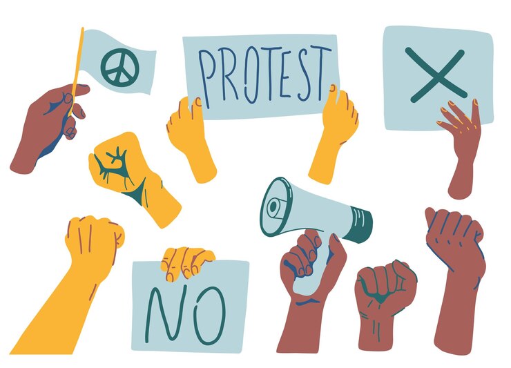 Vettore set di mani di protesta con striscioni collezione di attivisti che tengono vari cartelli illustrazione vettoriale disegnata a mano