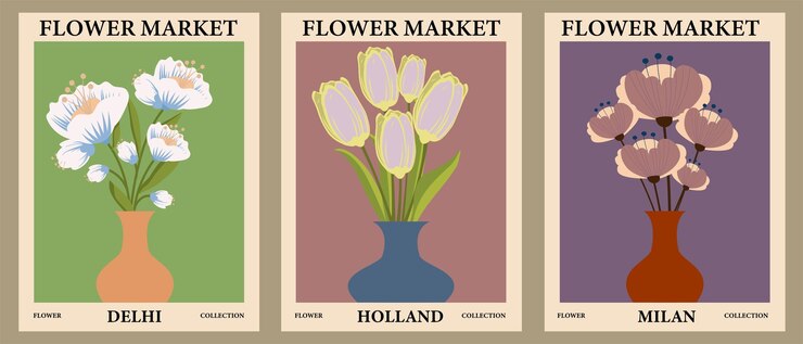 Set di manifesti del mercato dei fiori in stile retro Bouquets di fiori in vasi floreali astratti