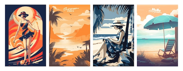 Set di manifesti di illustrazione vettoriale per le vacanze estive con paesaggio balneare a letto da sole donna in vacanza tramonto estivo in stile retro e moderno per un biglietto di auguri
