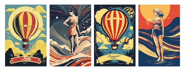 Set di manifesti di illustrazione vettoriale per le vacanze estive con paesaggio balneare sul mare donna in vacanza in stile retro e moderno per un biglietto di auguri