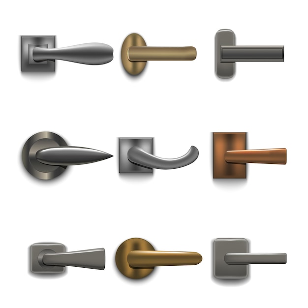 Set di maniglie per porte lucide dettagliate e realistiche in 3D. Elemento interno della casa. Illustrazione vettoriale della maniglia in stili diversi