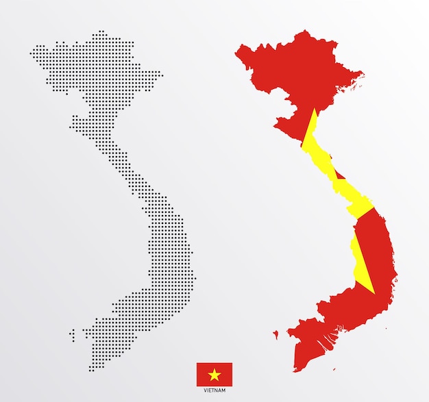 Set di mappe politiche del Vietnam con regioni isolate e bandiera su sfondo bianco