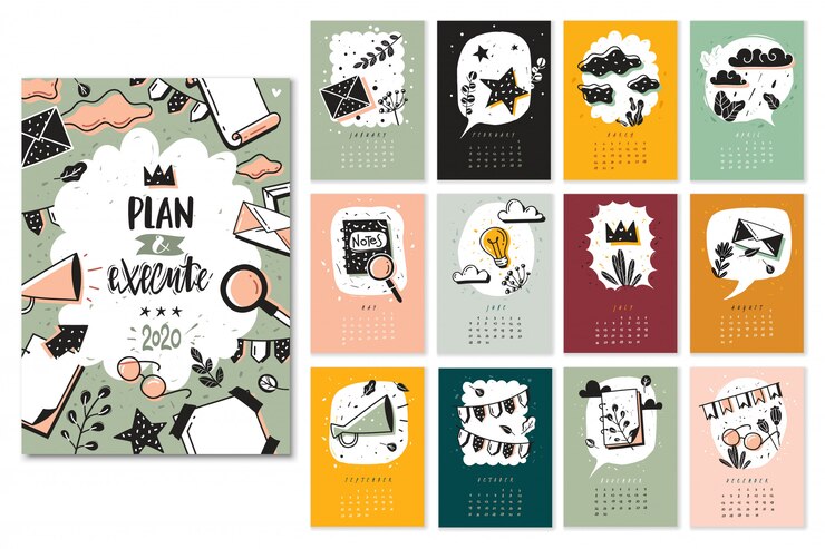 Set di mesi di calendario doodle doodle proiettile. Il modello del calendario del nuovo anno con il proiettile scarabocchia gli elementi del giornale e dei fiori. Tutte le pagine di mesi, illustrazione della cornice di copertina