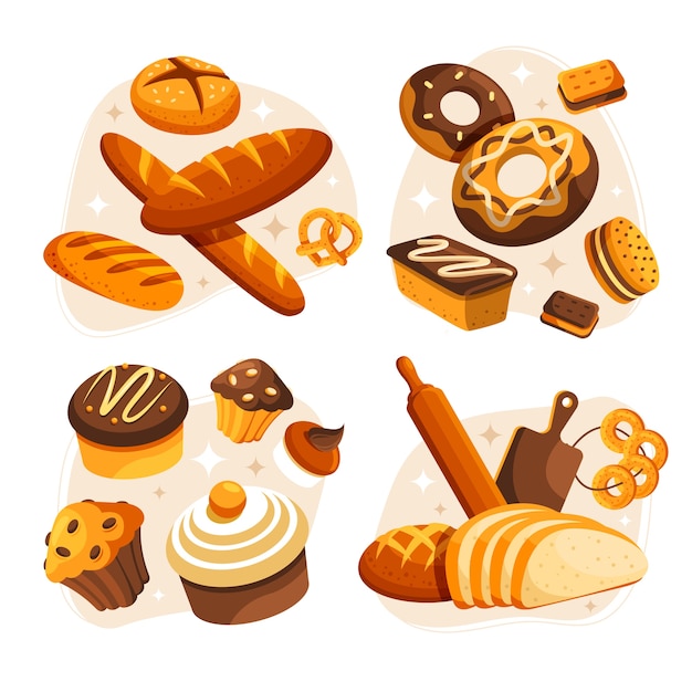 Set di mini composizioni di panetteria di cartoni animati disegnati a mano