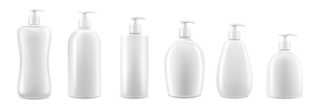 Set di mockup di dispenser di flaconi cosmetici vuoti con tappo della pompa, isolato su sfondo bianco, illustrazione vettoriale 3d realistica