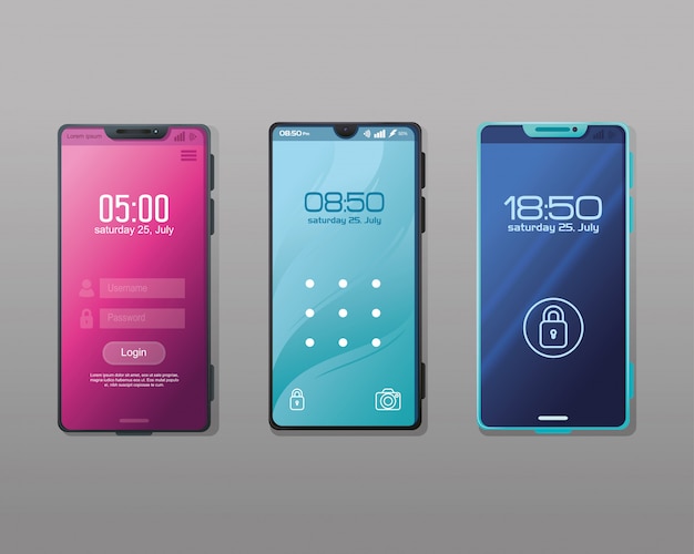 Set di mockup di smartphone realistici con app di sicurezza sullo schermo