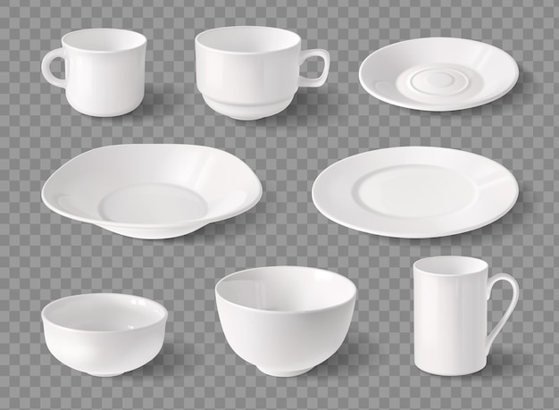 Set di mockup realistico di stoviglie in porcellana di tazze e piatti bianchi su sfondo trasparente illustrazione vettoriale isolato