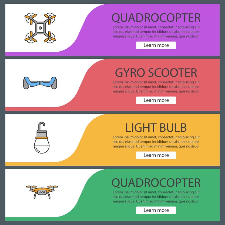 Vettore set di modelli di banner web per gadget. quadrocopters, giroscooter, lampadina. voci di menu a colori del sito web. concetti di progettazione di intestazioni vettoriali