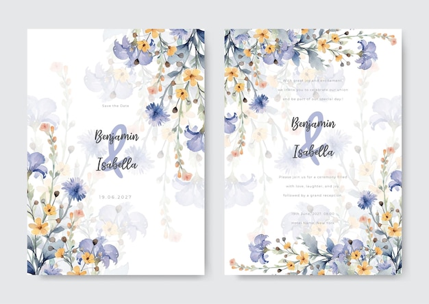 Set di modelli di biglietti d'invito da matrimonio con sfondo floreale e acquerello di margherite viola