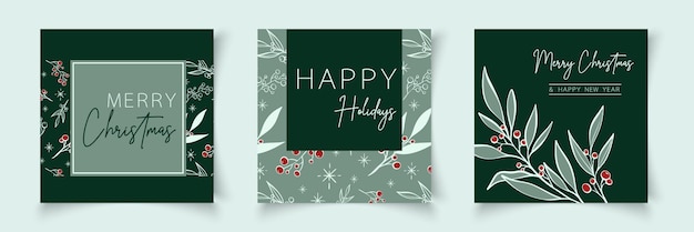 Set di modelli di biglietti di Natale con elementi di ramo in stile line art Botany banner xmas frame