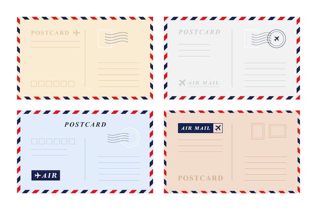 Set di modelli di cartoline retrò vintage Busta di posta aerea con francobollo cartolina postale Progettazione grafica vettoriale