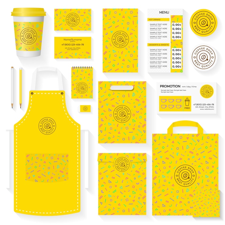 Vettore set di modelli di identità aziendale della caffetteria con modello geometrico giallo di memphis e logo caffetteria. set di caffetteria del ristorante carta, volantino, menu, pacchetto, set di design uniforme. illustrazione vettoriale