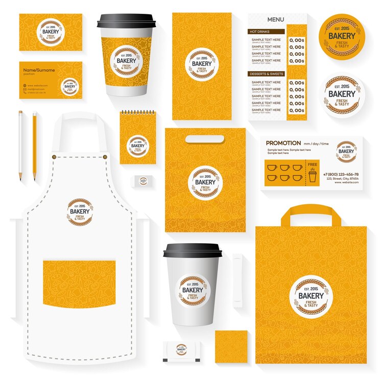 Vettore set di modelli di identità aziendale di panetteria con logo composto da due spica per negozio di pane, panetteria, azienda di cupcake, mercato alimentare, caffè. set di schede, volantini, menu, pacchetto, uniforme.