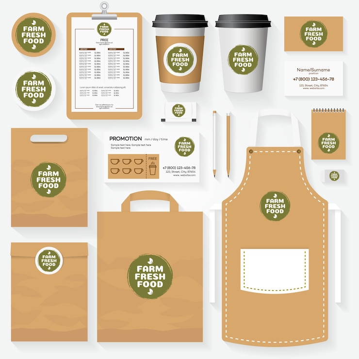 Vettore set di modelli di identità aziendale per alimenti freschi da fattoria con logo per uso in negozi vegani, negozi di alimenti sani, caffè vegetariani, prodotti naturali ecc. set di schede, volantini, menu, pacchetti, uniformi.
