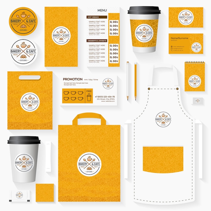 Vettore set di modelli di identità aziendale per panetterie e caffetterie con logo di croissant, tazze e cucchiai per panetteria, azienda di cupcake, mercato alimentare, caffetteria, negozio di pane. set di schede, volantini, menu, pacchetti, uniformi.