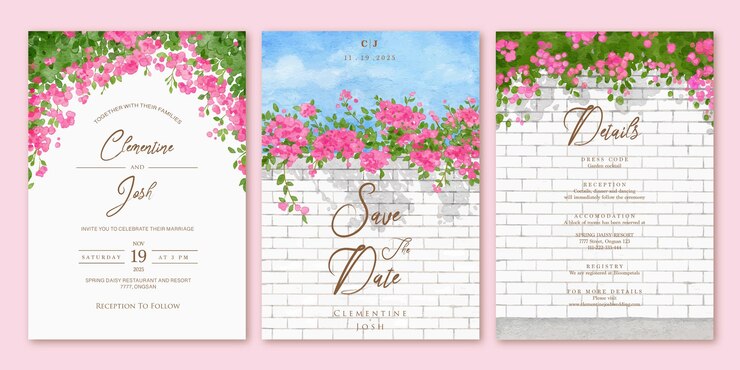 set di modelli di invito a nozze con acquerello rosa fiori di bouganville muro di mattoni paesaggio