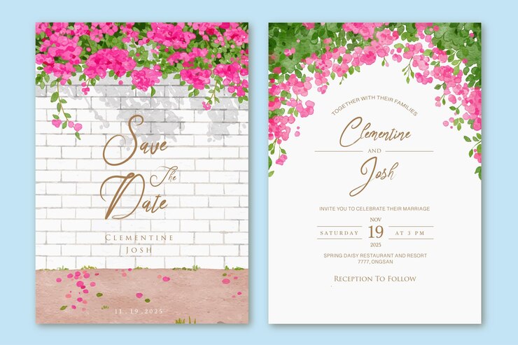 set di modelli di invito a nozze con acquerello rosa fiori di bouganville muro di mattoni paesaggio