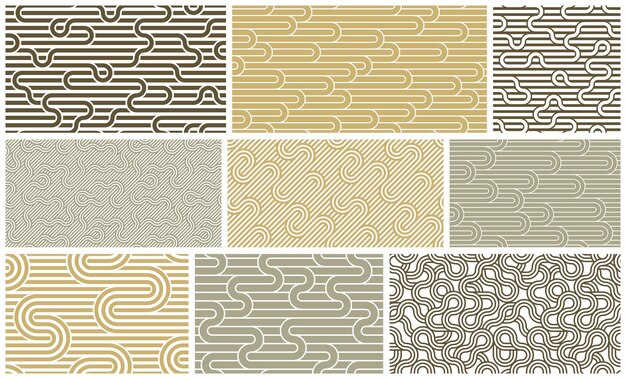 Set di modelli di linee senza soluzione di continuità, collezione di sfondi astratti vettoriali geometrici a righe, rete a righe lineari, labirinto ottico, rete web.
