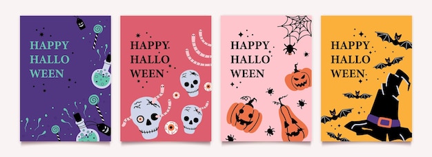 Set di modelli di manifesti di festa di Halloween felici con lettere in design piatto