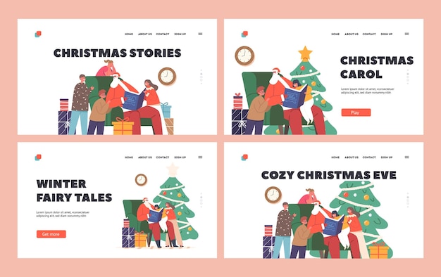 Set di modelli di pagina di destinazione della vigilia di Natale Personaggio di Babbo Natale Leggi storie ai bambini San Nicola seduto sulla poltrona