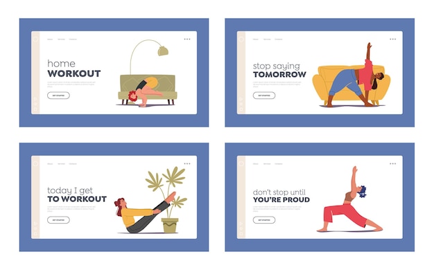 Set di modelli di pagina di destinazione per attività sportive di personaggi. Persone che fanno allenamento sportivo, esercizio di stretching, allenamento fitness in diverse pose. Stile di vita sano, tempo libero. Illustrazione vettoriale dei cartoni animati