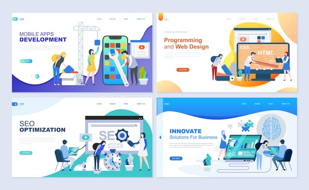 Set di modelli di pagine di destinazione per lo sviluppo web, SEO, applicazioni mobili, soluzioni aziendali.