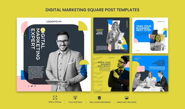 Set di modelli di post di marketing sui social media per volantini quadrati di marketing aziendale digitale creativo