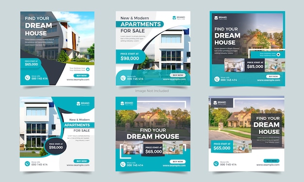 Set di modelli di post sui social media per la promozione della vendita di case immobiliari Banner di affari immobiliari
