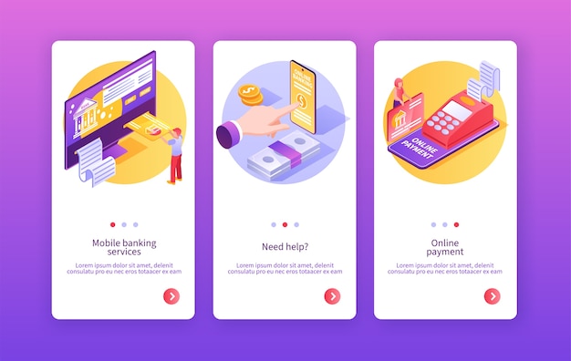 Set di modelli di progettazione di app per servizi bancari mobili e digitali isometrici