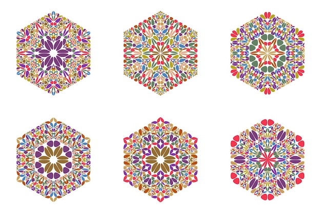 Set di modelli di simboli esagonali di petali isolati astratti