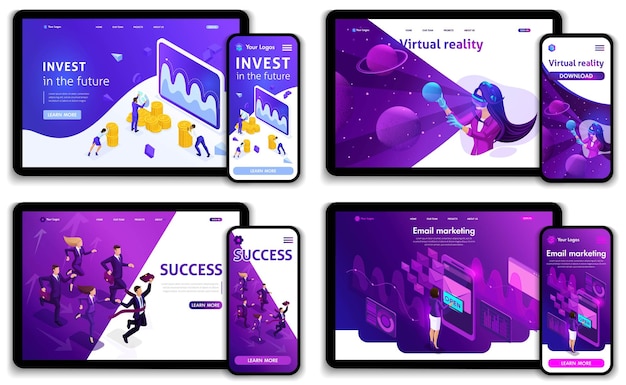 Set di modelli di siti web, investimenti per il futuro, successo, e-marketing, tecnologie virtuali. Concepti di illustrazione vettoriale per siti web e mobile.