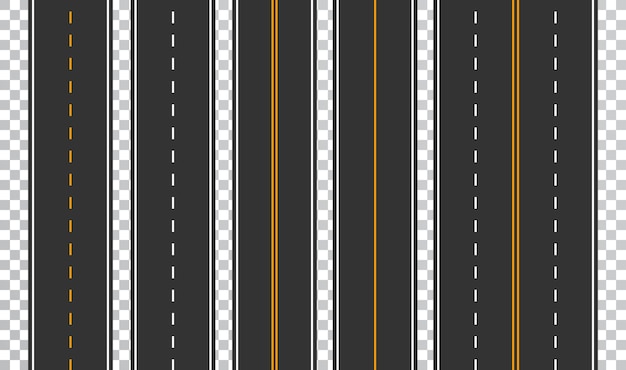 Set di modelli di strade asfaltate diritte. Sfondo strada senza soluzione di continuità.