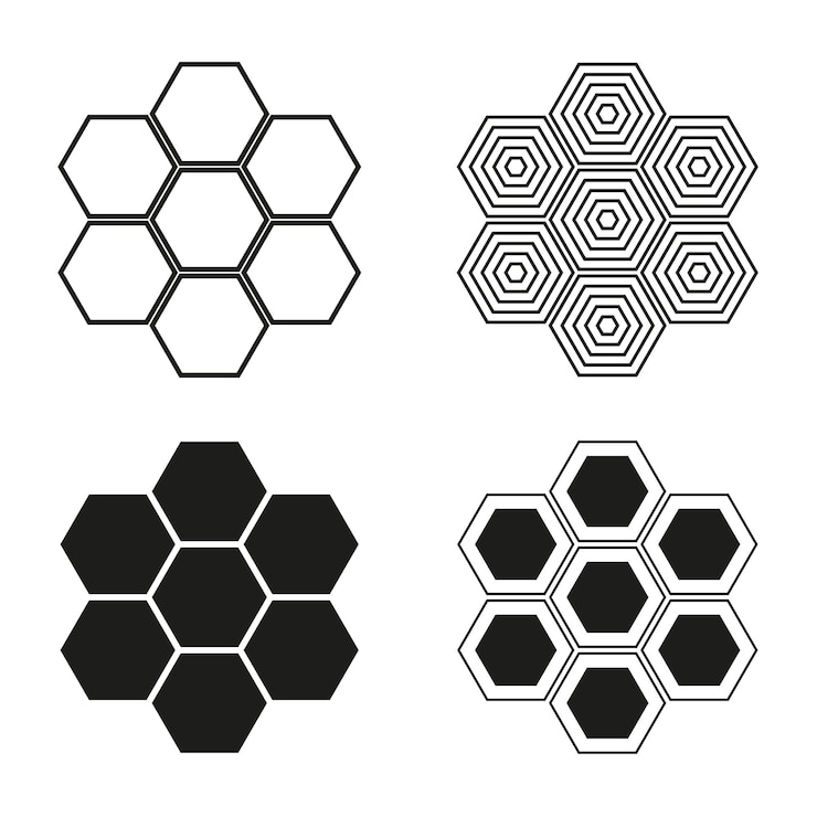 Vettore set di modelli esagonali geometrici icone astratte a nidi di miele disegno esagonale bianco e nero