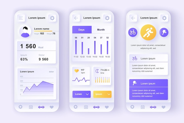 Set di modelli neumorfici per il concetto di allenamento fitness Tracker attività sportiva UI UX Schermi della GUI