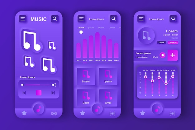 Set di modelli neumorfici per il concetto di lettore musicale Elementi di navigazione ed interfaccia UI UX Schermi della GUI