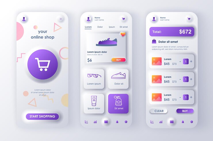 Vettore set di modelli neumorfici per il concetto di shopping online sito web del negozio con schermate della gui dell'interfaccia utente ux dei prodotti