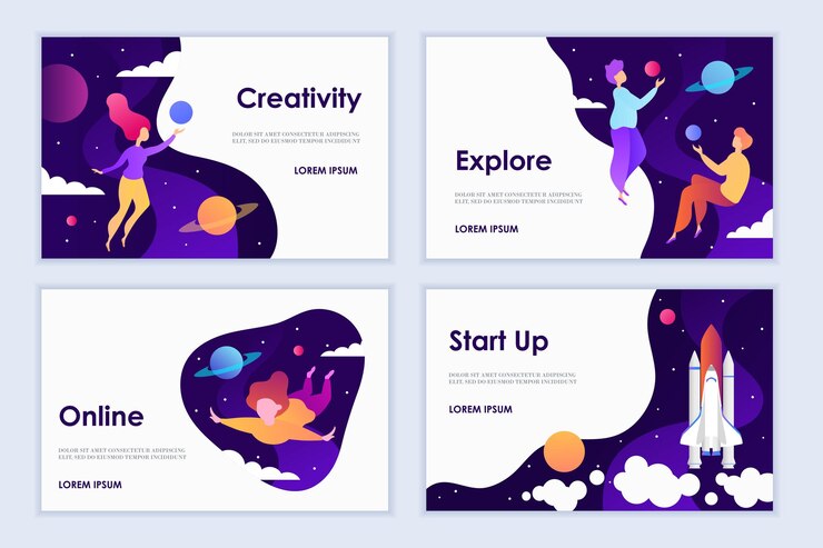 Vettore set di modelli per pagine di destinazione. mente creativa. galassia, cielo, pianeti e stelle. lancio di un razzo.