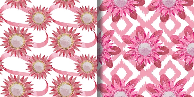 Set di modelli senza cuciture di fiori e foglie rosa tropicali Sfondi floreali tropicali per stampe tessili
